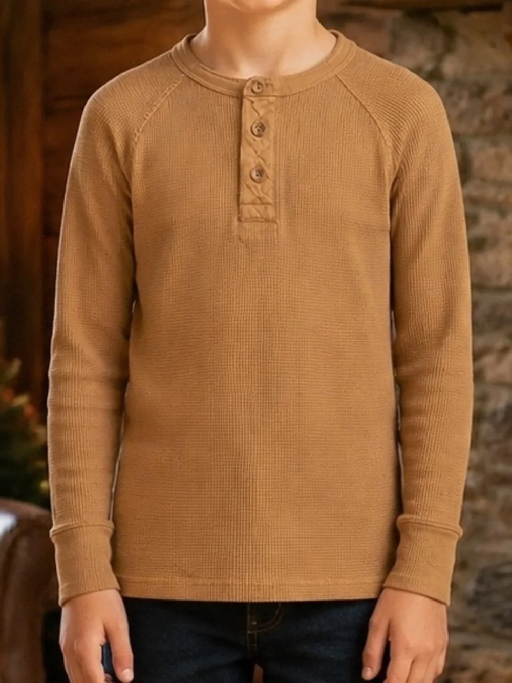 Gap- Boys Brown Thermal Henley Shirt Size Medium